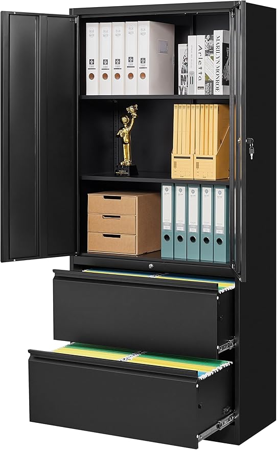 Black Metal Storage Cabinet with Drawers and Lock,Locking Steel Storage Cabinet with Doors and Shelves,71" Office File Cabinets for Home Office,Warehouse,Garage,School (Black, 2 Drawers)