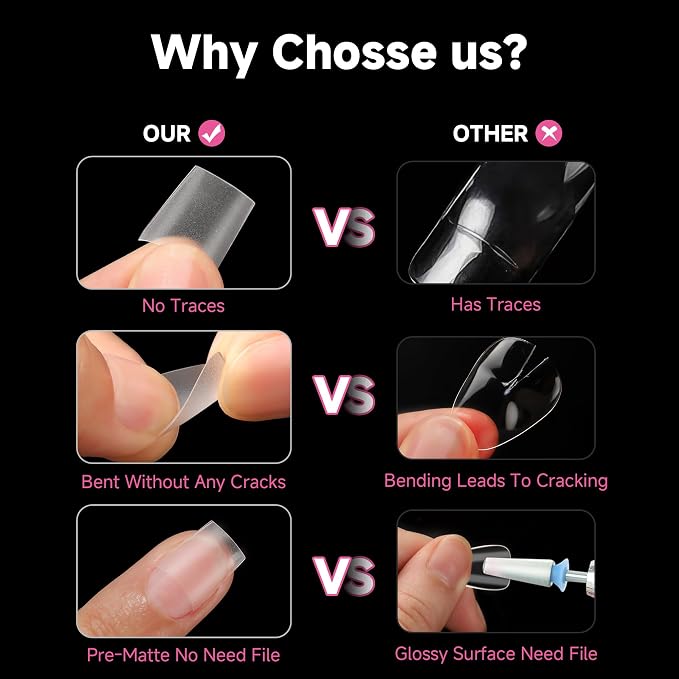 UNA GELLA Short Coffin Fake Nails Pre-buff Half Cover 504Pcs 12 Sizes | No Need File Flexible Gel Nail Tips, Salon Quality Nail Extension DIY Nail Art for Daily Wear & Pro Salon