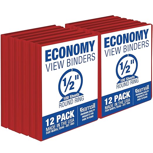 Samsill 0.5 Inch 3 Ring Binders, Economy Round Ring, Clear View Cover, 100 Sheet Capacity - for School, Home, Office - Red, 12 Pack