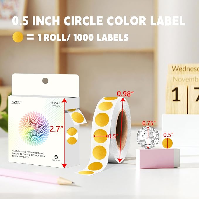 1000 PCS Colored Dot Stickers 1/2" Round Circle Colored Coding Labels Dot Stickers for Toddlers,Classroom,Office (Gold)