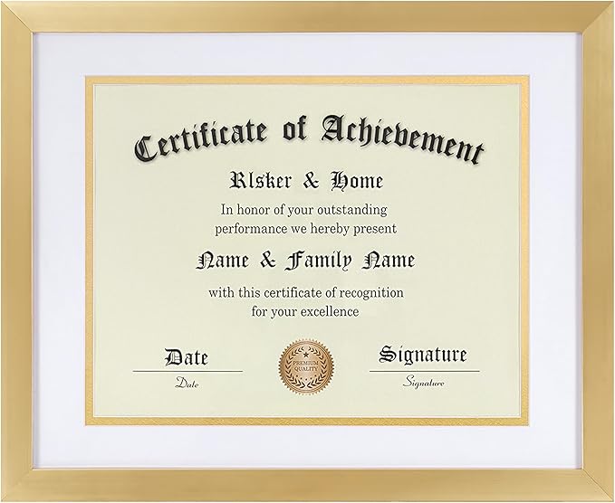ELSKER&HOME 8.5 x 11 Certificate Frame - Classic Gold Color Frame - Displays Diploma 8.5x11 Inch with Mat - 11x14 Inch Without Mat - For Document/Photo(Double Mat - Matte White with Gold Rim)