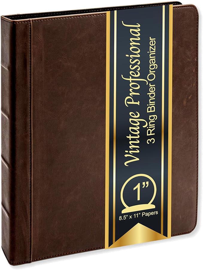 Vintage Professional 3 Ring Binder Organizer, 1-inch Round Rings, 8.5" x 11" Sheet Size, 2 Inner Pockets, 1.6" Spine, Appearance of Antique Brown Leather