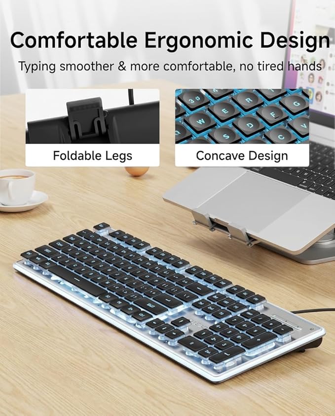 EWEADN GX710S Backlit Computer Keyboards, Wired USB Keyboard with Blue Backlit, Metal Panel, Plug and Play, Pudding Keycaps Full Size Quite Computer Keyboard for Win/PC/Laptop-Black