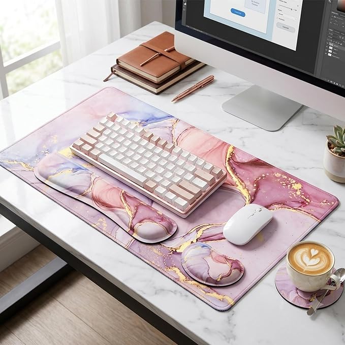 Large Mouse Pad with Wrist Rest, 4-in-1 Wrist Rest for Keyboard and Mouse | Non-Slip Waterproof Desk Mat Set, 35.4"x15.7" Desk Mat+Keyboard Wrist Rest+Mouse Wrist Support+Cup Coaster for Home Office