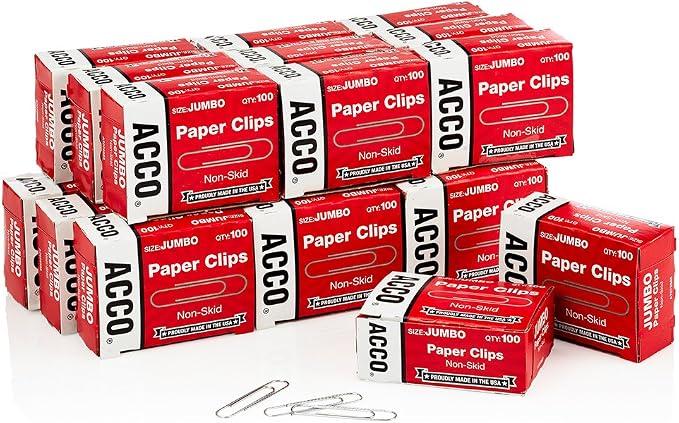 ACCO Paper Clips, Jumbo, Non-skid, Economy, 20 Boxes, 100/Box (A7072553)