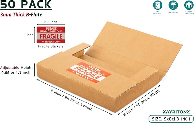 9x6x1.3 inch Cardboard Box for Shipping DVD, CD, Book, 50 Pack | Flat Small Box for Mailing, Storing, packaging, Business or Home, with Fragile Stickers, Multi-Depth, Easy-Fold, Brown