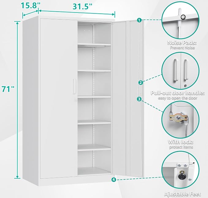 Metal Storage Storage Cabinet with 5 Adjustable Shelves,White Metal Cabinet with Locking Doors,Steel Pantry Cabinet with Lock,71" Lockable Storage Cabinet for Home,Office,Garage,Kitchen,Shop