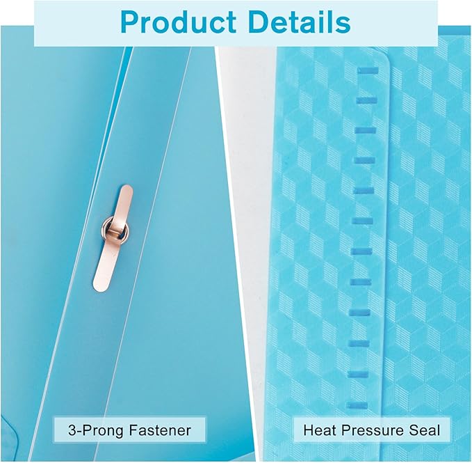 6-Pack Plastic andPockets and Prongs,2-Pocket and3 Fasteners, Pastel Folders Holds 8-1/2" x 11" Paper for School/Office/Home, Blue