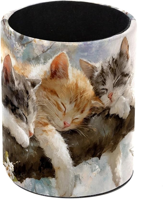Leather Pen Holder for Desk, Sleeping Cat Pencil Cup Pen Organizer Makeup Brush Holder for Office Home Kids Countertop Desk Accessory Storage