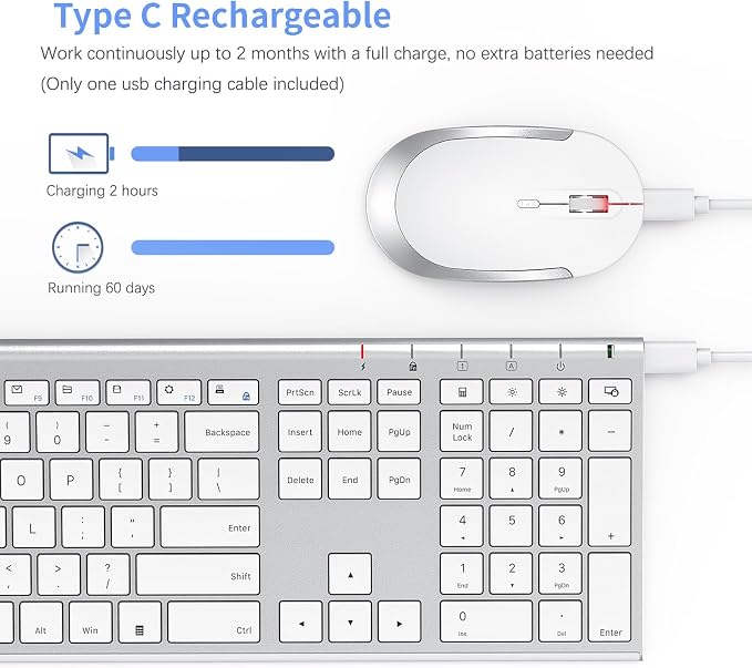 Vssoplor Wireless Keyboard and Mouse, Rechargeable Ultra Slim, White Silver | Quiet Full-Size Keyboard and Mouse Combo Set, for Laptop, PC, Notebook, Desktop, 2.4GHz Stable Connection, Ideal for Office