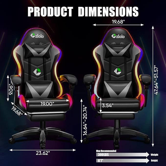 Gaming Chair, RGB LED Lights Computer Chair with Footrest, Lumbar Support Massager Gamer Chair, High Back, 90-135° Reclining, Linkage Armrests, Gray