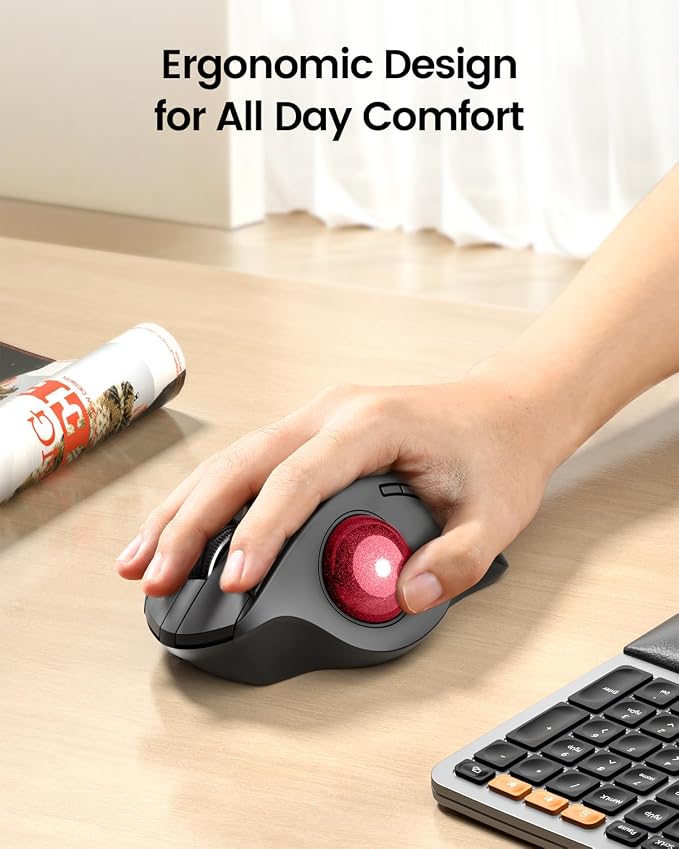 ProtoArc EM01 NL Wireless Trackball Mouse, Rechargeable Thumb Control, Red | 0/20° Adjustable Angle to Reduce Fatigue, Triple-Device Bluetooth & 2.4G USB-A for Office Use, Silent Click, Easy to Clean