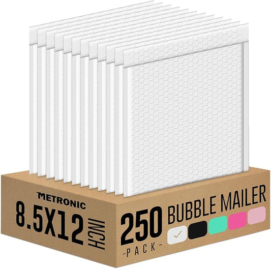 Metronic Bubble Mailers 8.5x12 250 Pack White Bubble Mailers Waterproof Thick Padded Envelopes Mailing Envelopes Bubble Padded for Packaging, Makeup, Gift, Mailing, Shipping, Small Items Supplies