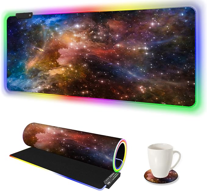 AIMSA Large Gaming Mouse Pad RGB, Keyboard Led Mousepad Extended 35.4 x 15.8 inch Non-Slip Rubber Base with 14 Lighting Modes Desk Mat, Colorful Galaxy Nebula