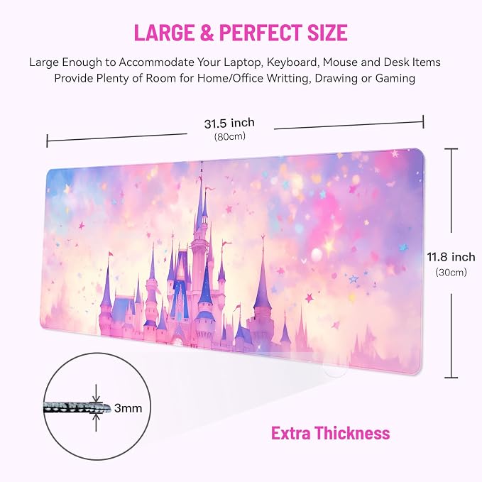 Mousepad Desk Mat Gaming Large Keyboard Cute Office Desktop Computer Laptop Castle XXL Long Giant Big Kawaii Aesthetic Girly Pretty Design Women Girl Gamer Oversized Wide 30x12'' Mousepad