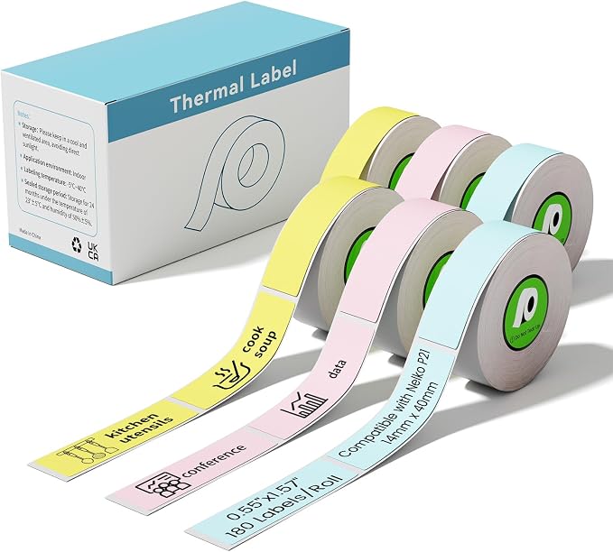 6-Rolls Blue/Yellow/Pink Replace for NELKO P21,ORGBRO X1,ORGSTA S001 | Replace for NADAIIN N12,POLONO P31S Label Maker Tape,14x40mm, 180 Tapes/Roll,Standard Laminated Office Labeling Tape
