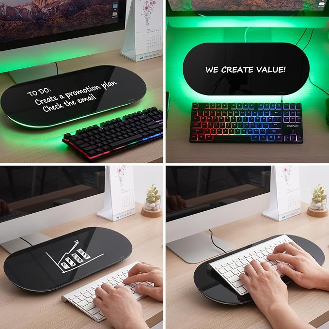 Glass Desktop Whiteboard - 17 X 7 Inches Black Board Green Light | Glass Surface/Notepad with 1 Drawer/ Desk Organizers/ for Office, Home, School Supplies