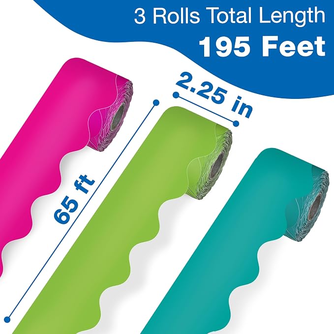 Carson Dellosa Colorful Bulletin Board Border Sets for Classrooms, 3 Pack | Lime Green, Pink, Teal Bright Classroom Décor, Teacher Supply, School, Office Cork or Whiteboard, Wall, Locker