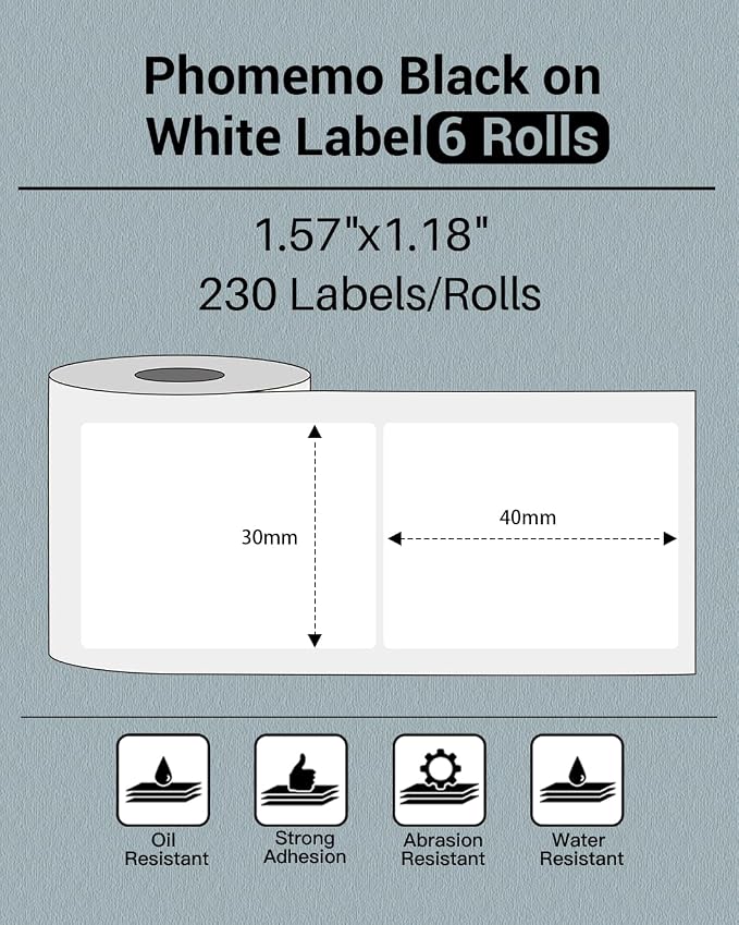 Phomemo Labels 6 Rolls,1.57"x1.18", Use for M110/M100/M220/M108, 1380 PCS | 40×30mm Square Thermal Stickers Labels for Kids & School, Barcode, Logo, Business, Home,Organization, Peptide Vial, White