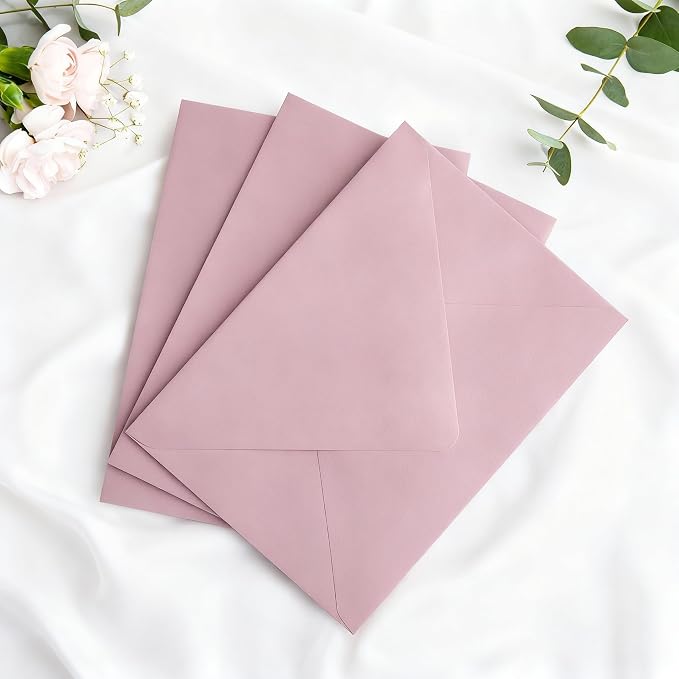 PONATIA 50PCS A7 Euro Flap Envelopes, 5.25 x 7.25'' Dusty Rose Liner Envelope, Perfect 5x7 Envelopes for Wedding Invitation Cards, Christmas Gift Cards Envelope, Acrylic Invitations, Photos