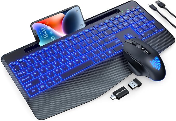 Wireless Keyboard and Mouse Combo, Backlit Scissor Keys, Wrist Rest | 7-Color Backlight, Phone Holder, Rechargeable, LED Mouse, Ergonomic Support, Quiet Typing, Win/Mac/ChromeOS, KM22 Ultra+