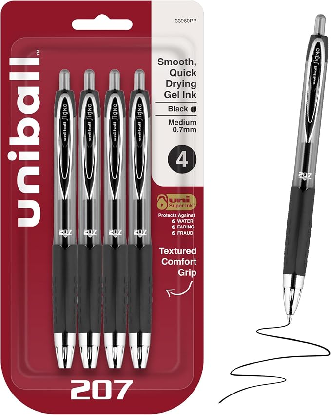 uniball™ 207 Gel Pens, Black Ink, 0.7mm Medium Point, Retractable, 4 Count