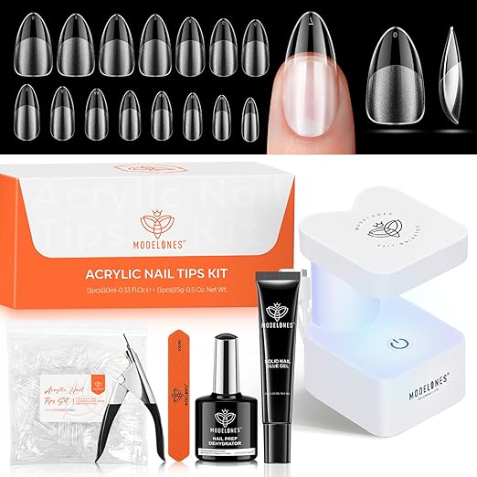 modelones X Nail Gel Kit Almond,510Pcs Nail Tips Solid Glue Prep Dehydrator & Mini U V LED Light Clipper, Upgrade 15Sizes Medium Almond Press on Tips Etch for Easy Extension DIY Women Gift