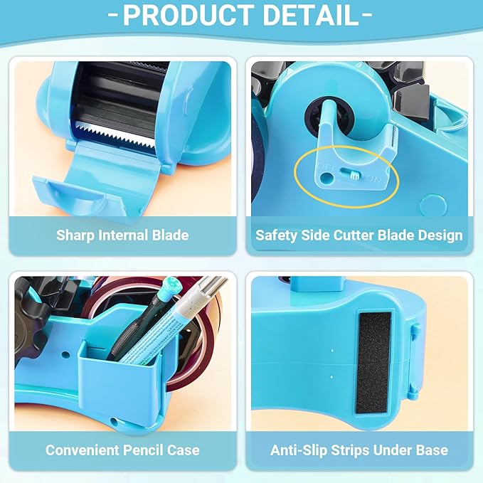 THINKLEARN Heat Tape Dispenser - Sublimation Heat Transfer Tape Dispenser with Scissors and Utility Knife, 1 '' & 3'' Core, Multi-Roll Pre-Cut Tape Dispenser for Crafting, PreCut 1.4'' Pieces, Blue