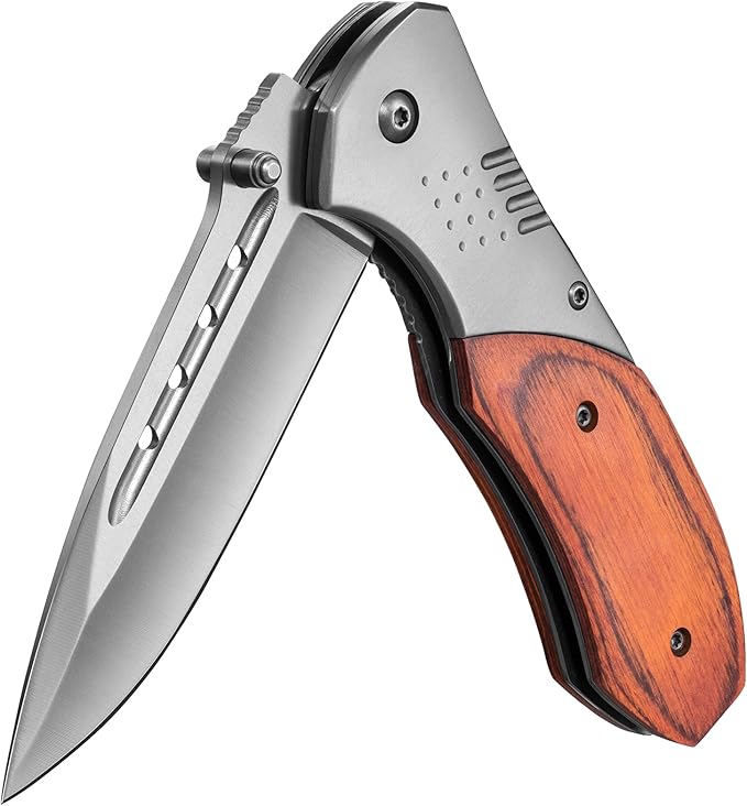Pocket Knife for Men - Sharp Blade Wood Handle Pocket Folding Knives with Clip, Glass Breaker - EDC Knives for Survival Camping Fishing Hiking Women, Large, Grey