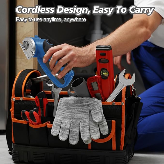 Cordless Electric Scissors, 4V Rechargeable Box Cutter & Cardboard Cutter with Titanium Blade, LED Light, Safety Lock - Rotary Cutter for Fabric, Leather, Carpet, Plastic, Crafting, Sewing(Slate Blue)