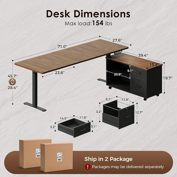 71" L Shaped Electric Standing Desk with Cabinet Sets, Walnut/Black | Mobile Drawers & File Cabinet Sets for Flexible Layout, Height Adjustable Executive Stand Up Desk for Home Office Workstation