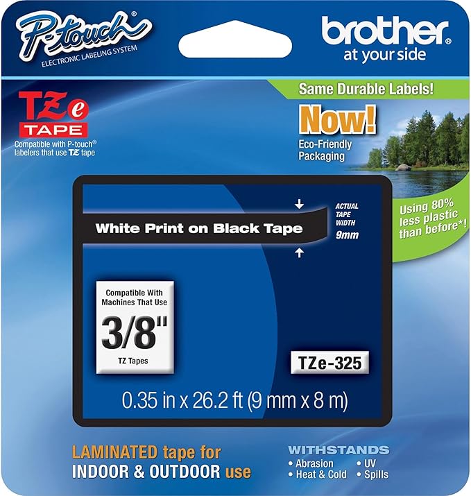 Brother Genuine P-Touch TZE-325, 3/8" (0.35") Wide Standard Laminated Tape, White Print on Black Tape, Laminated for Indoor or Outdoor Use, Water-Resistant, 0.35" x 26.2', Single-Pack, TZE325