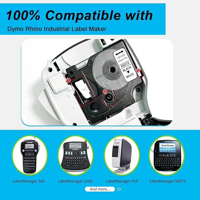 2-Pack 45013 S0720530 Compatible with DYMO D1 Label Tape 1/2" x23' | Black on White label maker refilll Compatible with d1 LabelManager 160 280 210D 360D 420P 260P Easy Peel No Residue