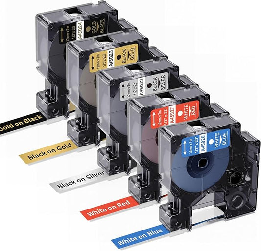 5X Replace for DYMO Label Maker Refills D1 Label Tape Cartridges 1/2In 23Ft | Gold/Silver/Red/Blue/Black Multi-Color Label Compatible for dymo label maker 160 210D 260P 280 360D 420P 500TS 640CB COLORPOP