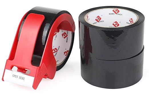 BOMEI PACK Black Packing Tape,Moving Tape,1.88 Inch x 55 Yards,2 Mil Thick Black Packaging Tape Refills with Dispenser,Heavy Duty Colored Shipping Storage Tape for Carton Sealing,Packaging and Moving