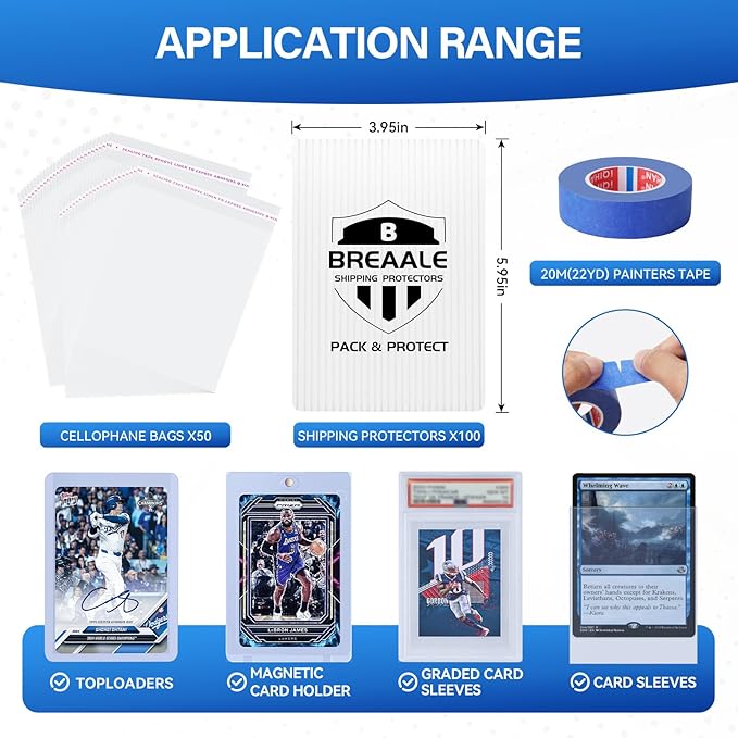 Trading Card Shipping Kit, Includes 100 4'' x 6'' Graded Card Shipping Protectors, 50 6'' x 8.7'' Envelope Bubble Mailers, 20M Painter’s Tape, 50 Cellophane Bags, PSA BGS CGC Slabs & Raw