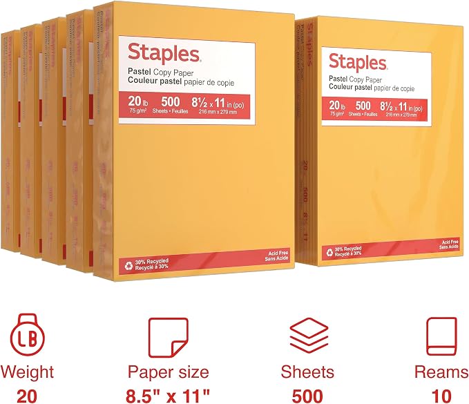 Staples Pastel 30% Recycled 8.5" x 11" Color Copy Paper, 20 Lbs., Goldenrod, 5000 Sheets/Carton