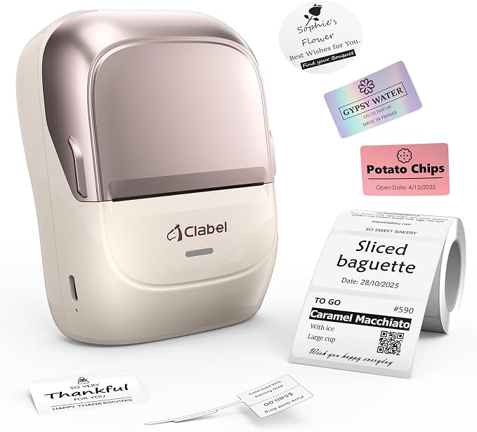 CLABEL Label Maker Machine with Tape, 221B Thermal Bluetooth Label Printer 2 Inch Portable Barcode Inkless Sticker for Small Business, Retail Office,Office, Home, Came with 1 Roll Label, (Pink Gold)