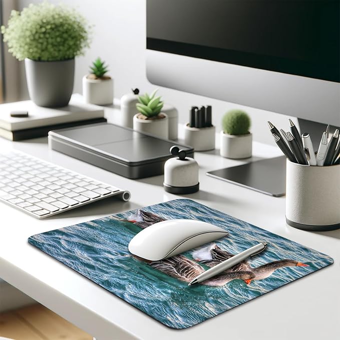 Greylag Geese Swimming on Teal Lake, Nature Wildlife Design Desk Mat | Cute Mousepad Stitched, Anti-Slip Base Smooth Surface, 9.5 x 7.9 Inches