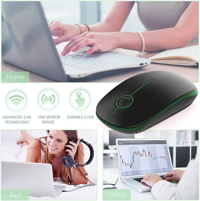 VssoPlor Wireless Mouse, 2.4G Slim Computer Laptop Mouse, Black and Green | Portable Mouse, Plug & Play USB Nano Receiver, Quiet Silent Optical Mice for Notebook, PC, Laptop, Computer, Windows, Mac