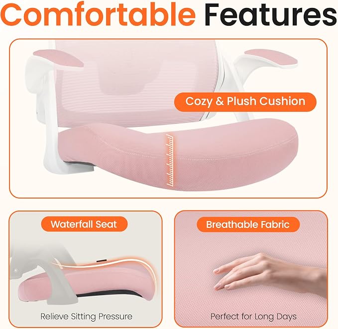 NEO CHAIR Office Desk Mesh Chair with Adjustable Ergonomic Lumbar, Pink | Breathable Mesh Back Support with Flip-Up Armrests and Wide Seat Cushion for Comfortable Home Office Work and Gaming Setup