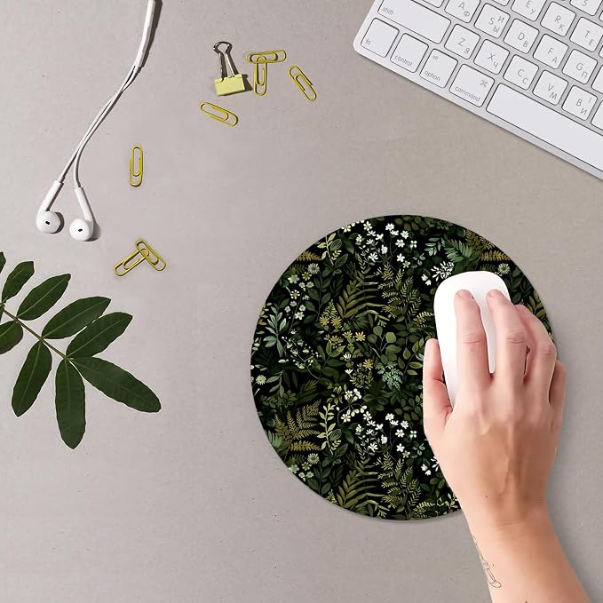 Dark Green Plant Mouse Pad, Cottagecore Vegetation Fern Leaves Botanical Mousepad Mouse Mat with Non-Slip Rubber Base for Home Office Desk Accessories, Green Office Supplies, 7.9x7.9 Inch