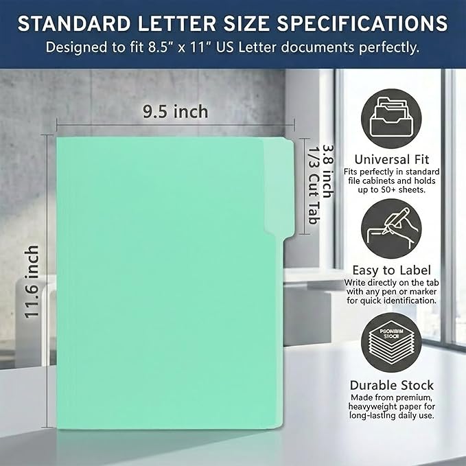 100 Packs Paper File Folder,Light Green File Folders Letter Size,1/3-Cut Tabs,8.5x11 Inch File Folders for Office Filing,School Projects and Home,Organizer Documents