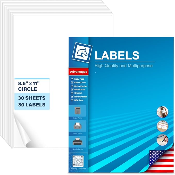 Printable Sticker Paper, 30 Sheets 8.5"x11", Printable Full Sheet Labels for Laser & Inkjet Printers, Shipping, Packaging, Signs, Mailing & Product Stickers, Adhesive Labels