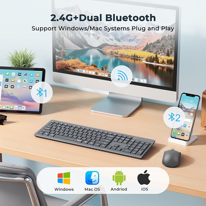 Wireless Keyboard and Mouse, 2.4GHz/Bluetooth Quiet Full Size Set, Gray | Dual-mode Bluetooth and 2.4GHz connection with a 3200 DPI adjustable mouse and extended battery life for daily use