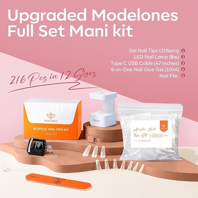 modelones X Nail Gel Kit Kit Long Coffin, 9-in-One Nail Glue with Portable U V Lamp 216Pcs 12Sizes Pre-Etched Press ons Fake Acrylic Extension Kit DIY Salon Gift for Women