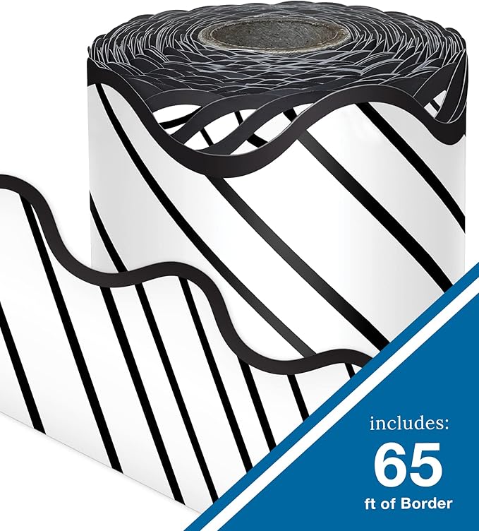 Carson Dellosa 65Ft of Black and White Bulletin Board Borders, 1 Roll of Striped, Scalloped Trim for Rolling Whiteboard, Posterboard, Party, Office Decorations, and Classroom Decor