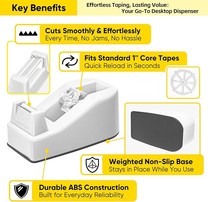Desktop Office Tape Dispenser, Fits Standard 1-Inch Core Tapes, Weighted Base, Sharp Metal Blade, Smooth Cutting, Adhesive Roll Holder for Office, School, Shop, Home & Business - White