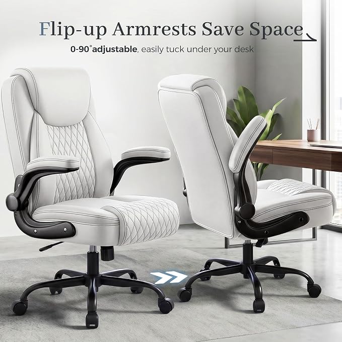 GTPOFFICE Executive Office Chair with Comfortable Lumbar Support, Ergonomic Gaming Chair with Flip-up Armrests & Zoned Pressure-Relief Cushion, Comfy PU Leather Desk Chair, White