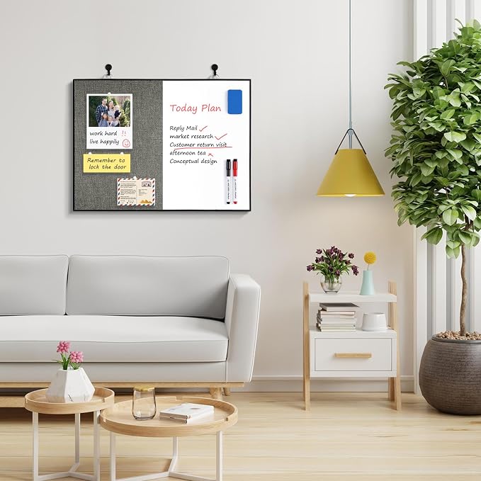 Cork Board White Board Combo | 24"X18" Linen Bulletin Whiteboard for Wall, Double-Sided Magnetic Dry Erase Corkboard for Home, Office, School, Dark Grey